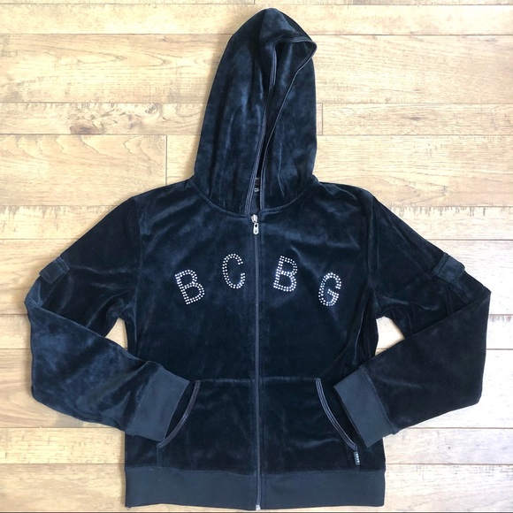 BCBG Velour Full Zip Up Hoodie Black L